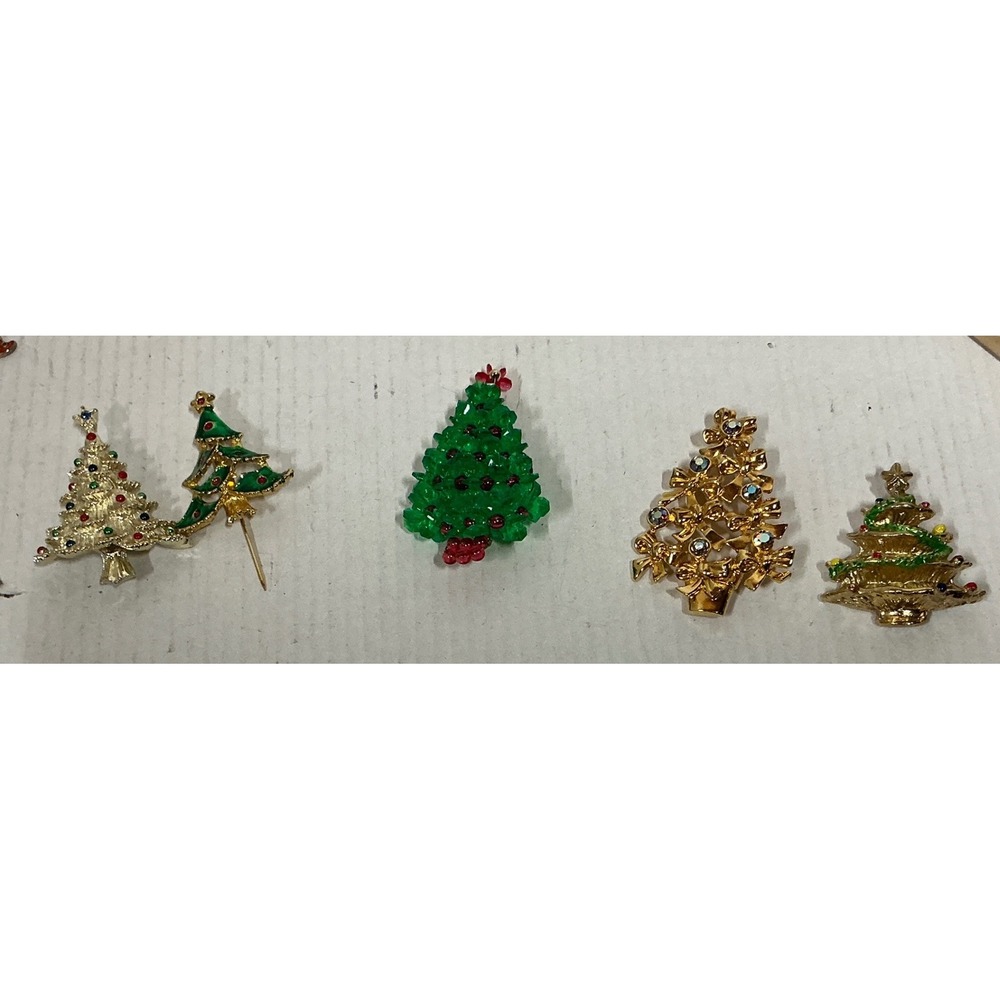 Avon Vintage Christmas Tree Brooch Pin Lot 5 Rhinestone Enamel Beaded Gold Tone